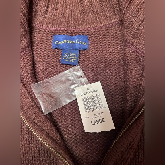 Charter Club Full Zip Cotton Lambswool Knit Sweater Jacket - Java Size L - Picture 7 of 7